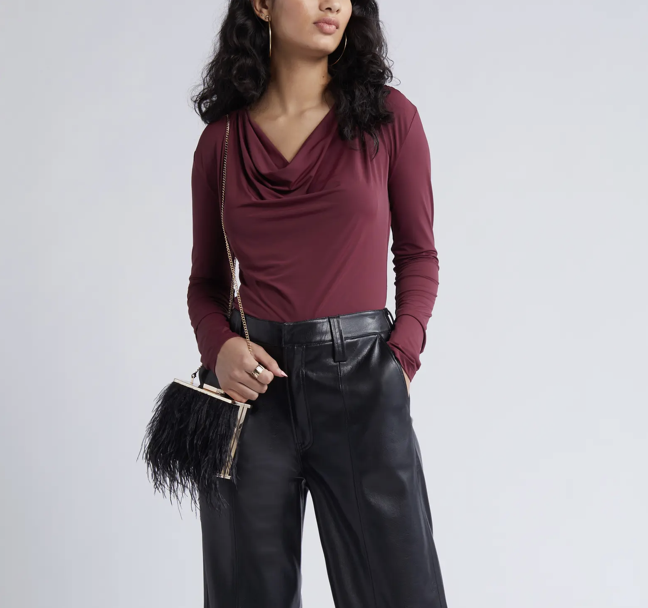 burgundy fashion outfit with black leather pants and black crossbody bag